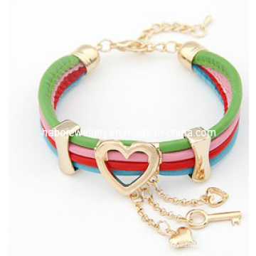 Leather Bracelet with Heart Charm and Chain (XBL12946)